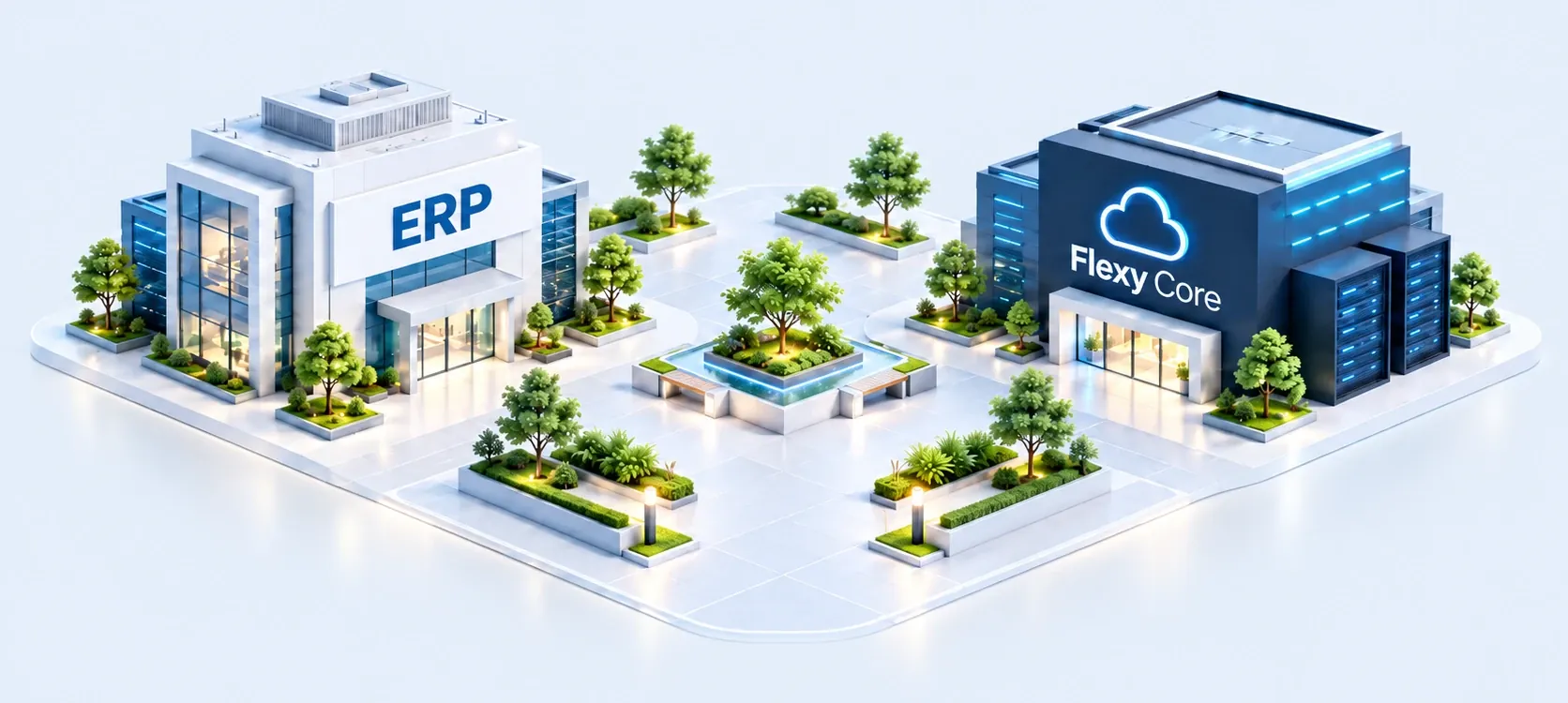 À esquerda o prédio do seu ERP, à direita o do Flexy Core, ligados por uma via de dados.